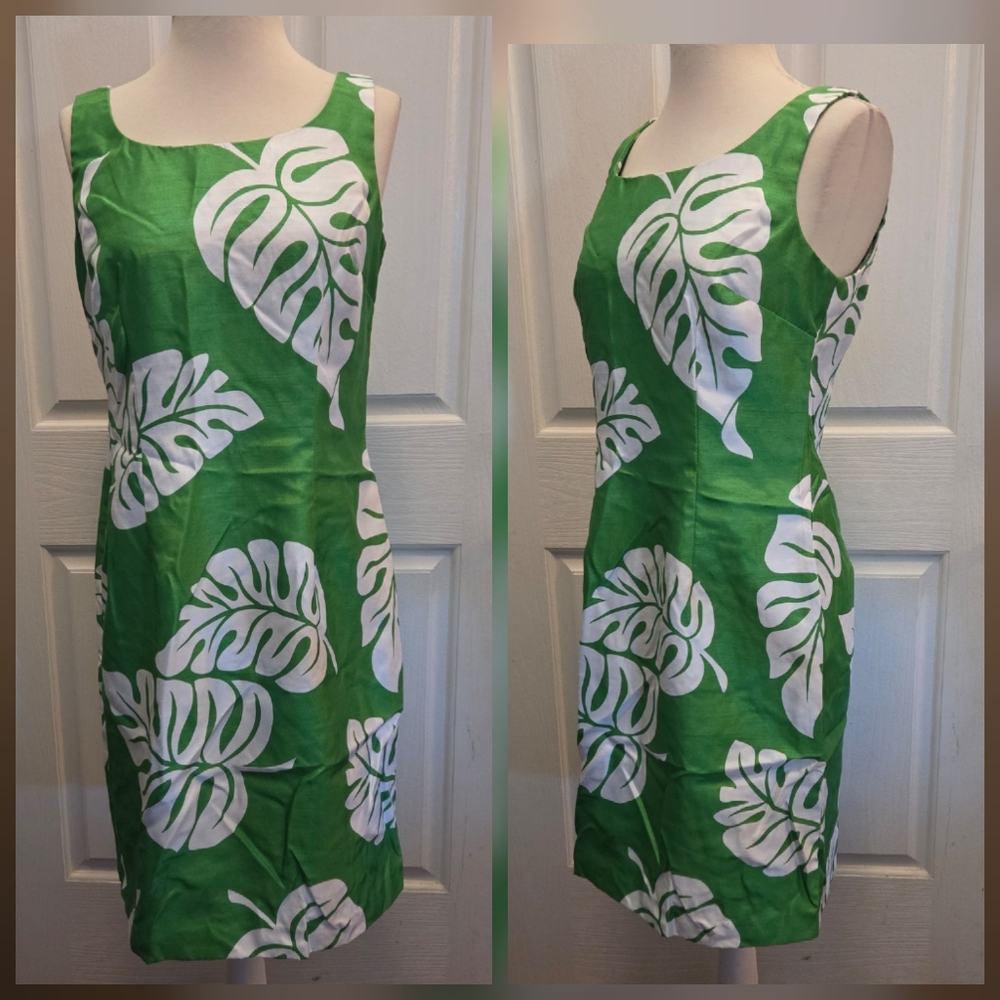Vintage Hawaiian Dress Aloha Green White Leaves  Sheath Size 6 Medium Tropical